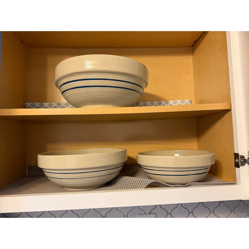 Set of 3 Marshall Pottery 1950s Stoneware Bowls Colonial Band 2 Blue Stripes